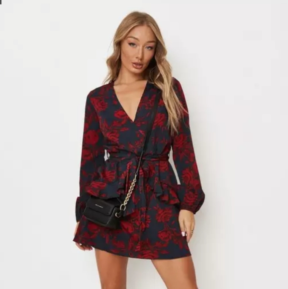 New Sexy Chic Floral Wrap Long Sleeve Mini Dress - Picture 2 of 13
